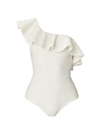 Metallic Stripe Ruffled One-Piece Swimsuit