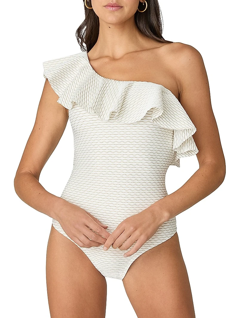 Metallic Stripe Ruffled One-Piece Swimsuit