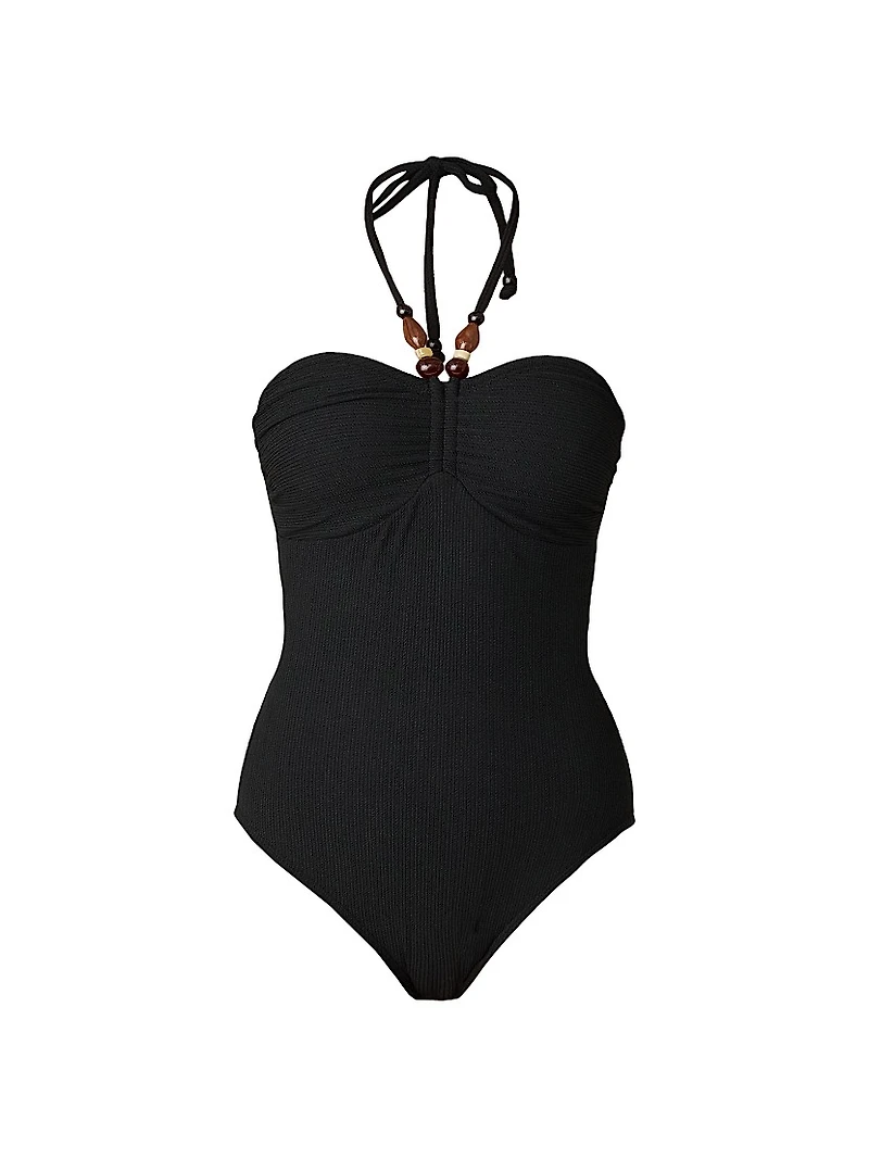 Cinched Beaded Halter One-Piece Swimsuit