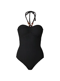 Cinched Beaded Halter One-Piece Swimsuit