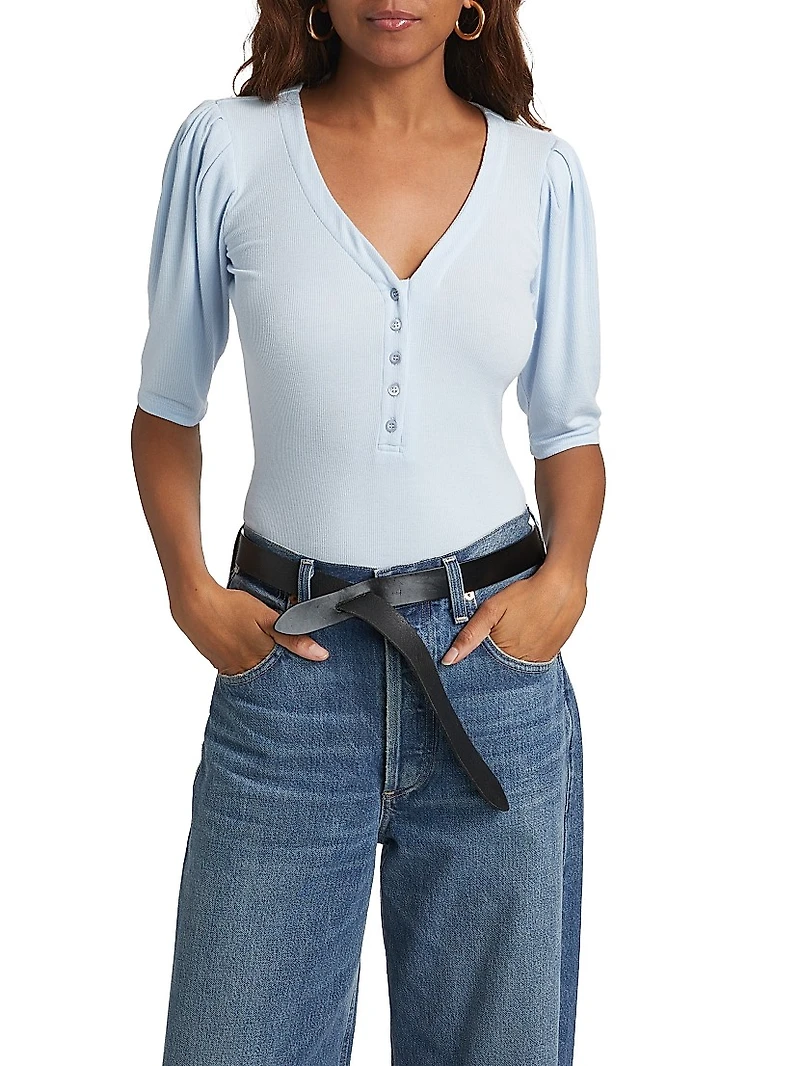 Ruched Short-Sleeve Henley Top