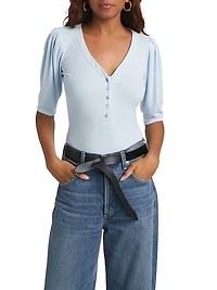 Ruched Short-Sleeve Henley Top