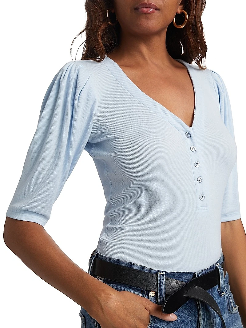 Ruched Short-Sleeve Henley Top