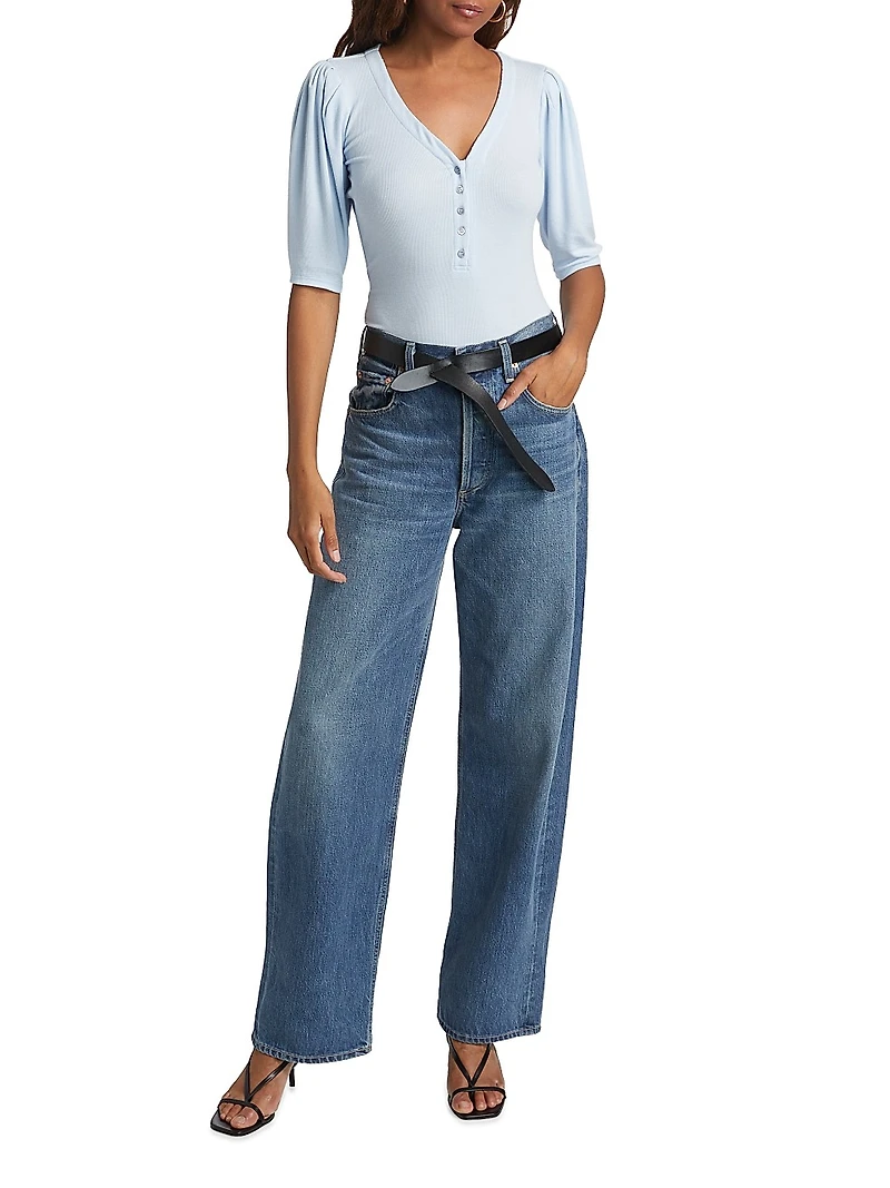 Ruched Short-Sleeve Henley Top