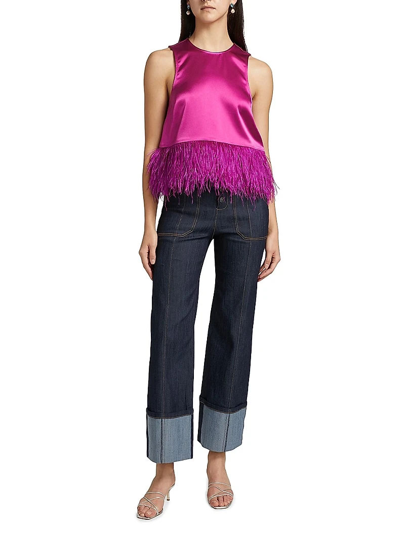 Charisse Feather-Trimmed Satin Top