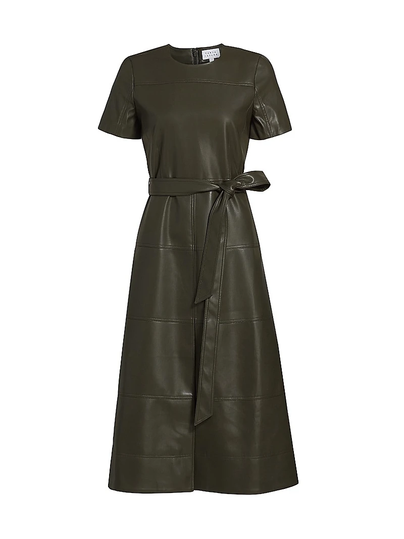 Ella Faux Leather Belted Midi-Dress