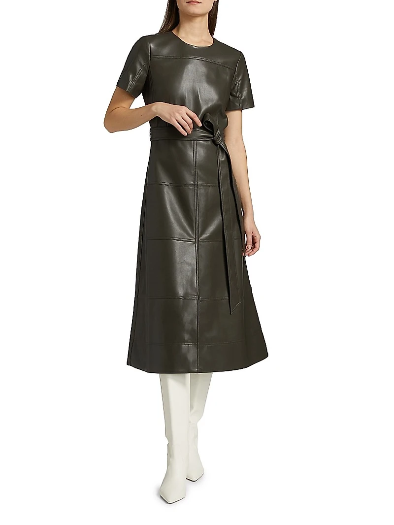 Ella Faux Leather Belted Midi-Dress