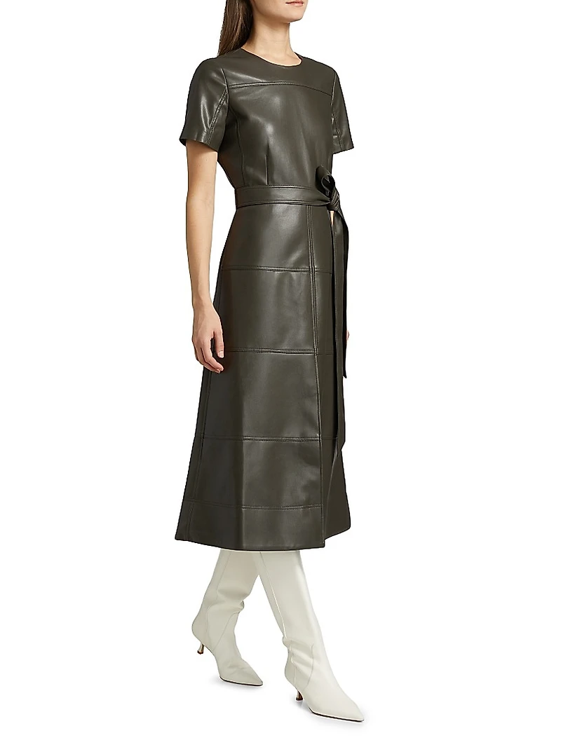Ella Faux Leather Belted Midi-Dress