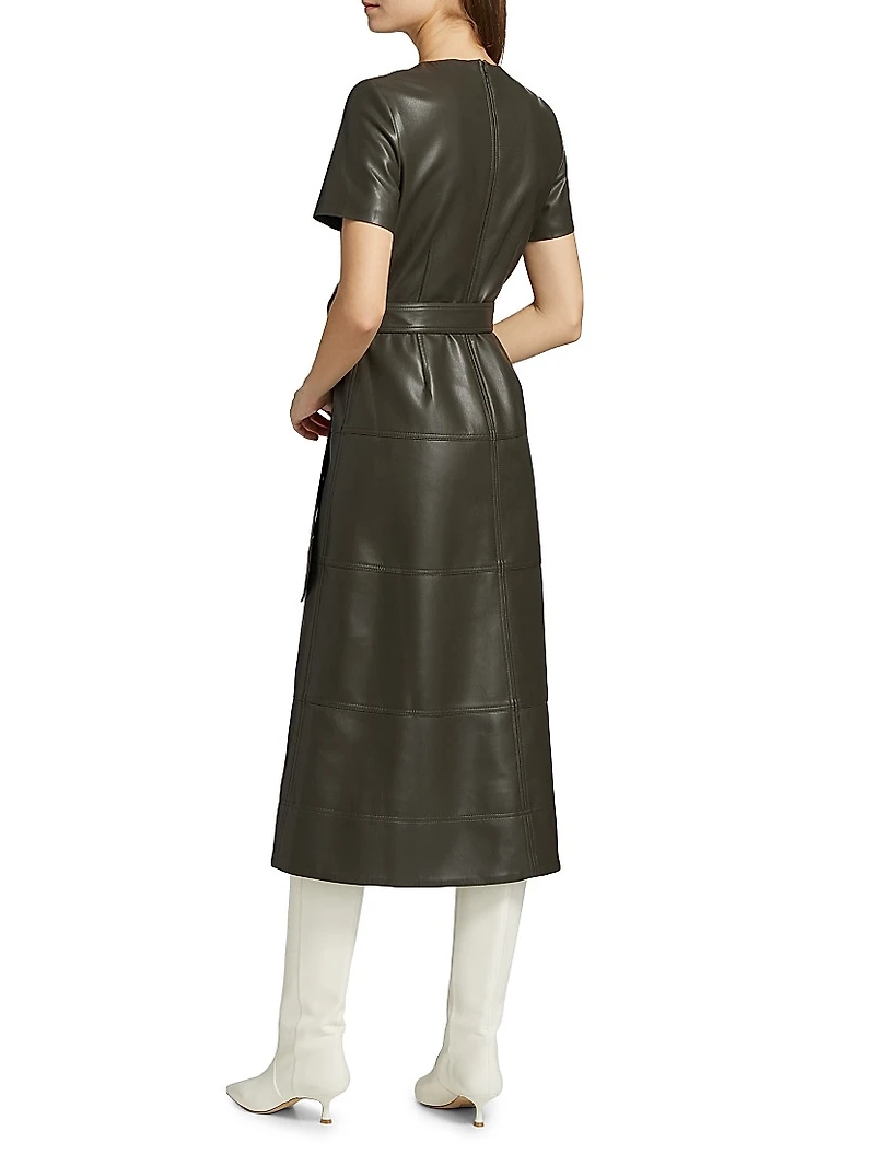 Ella Faux Leather Belted Midi-Dress