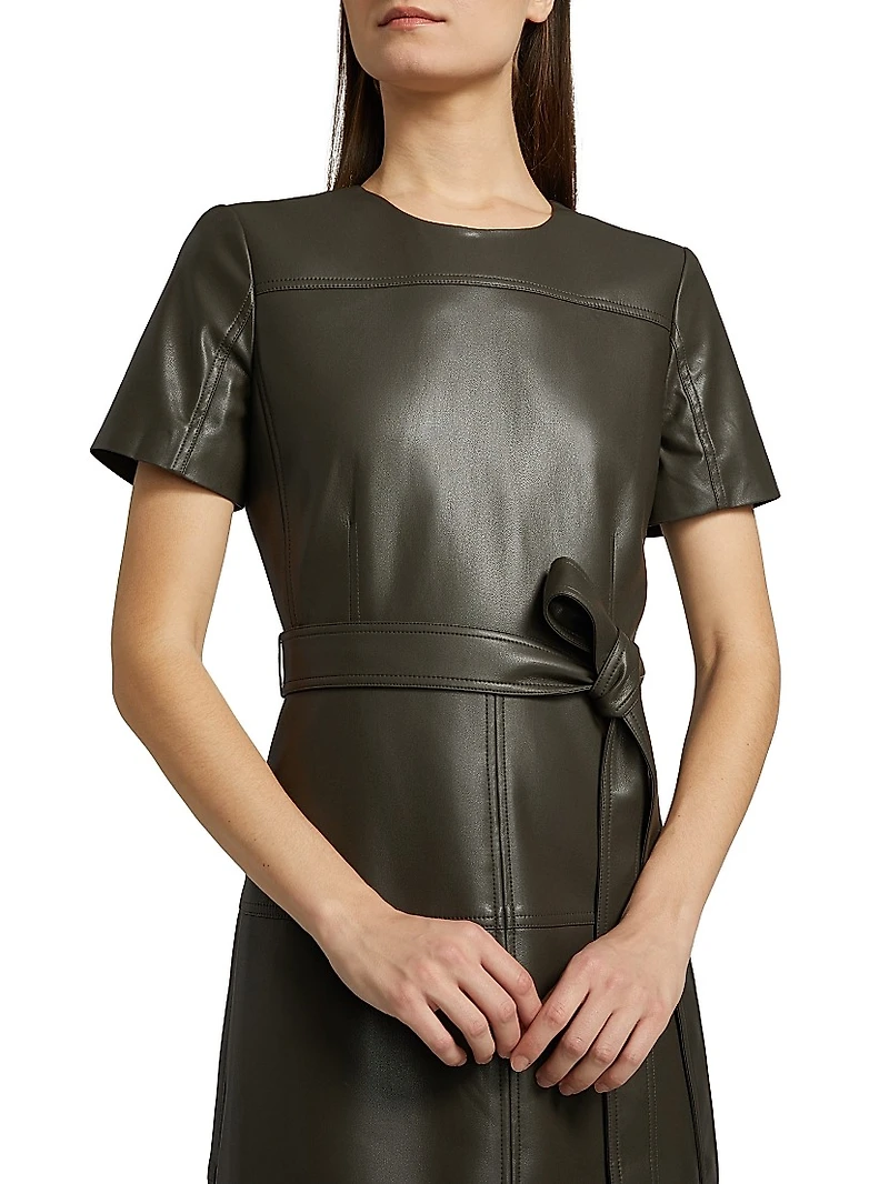 Ella Faux Leather Belted Midi-Dress