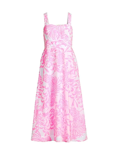 Palm Print Poplin Midi-Dress
