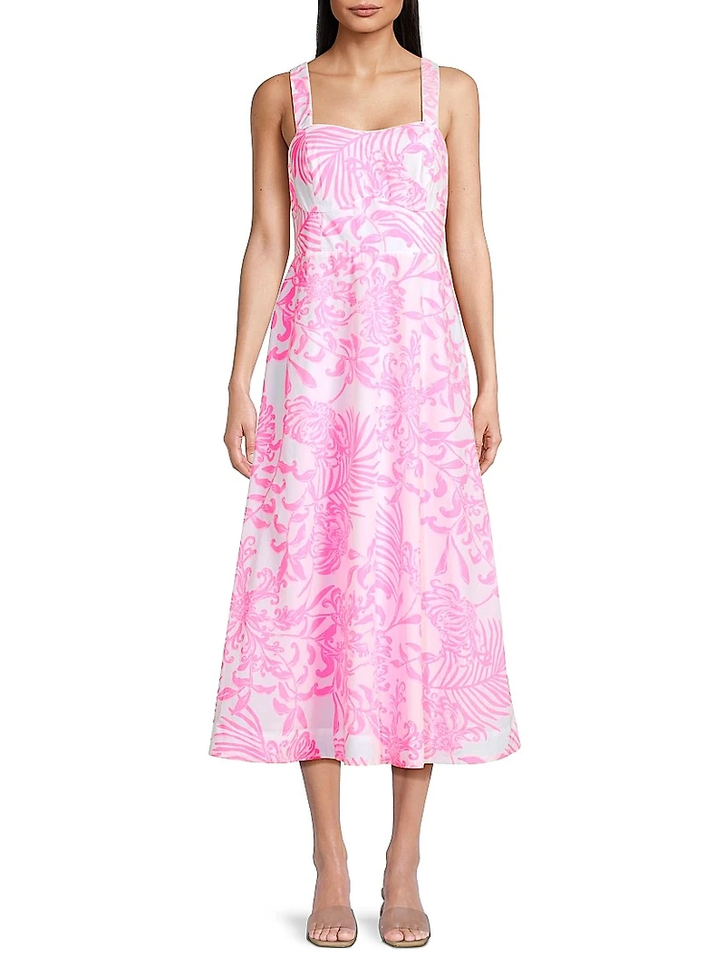 Palm Print Poplin Midi-Dress