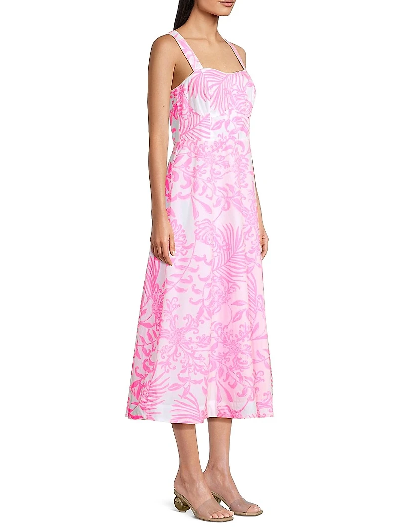 Palm Print Poplin Midi-Dress