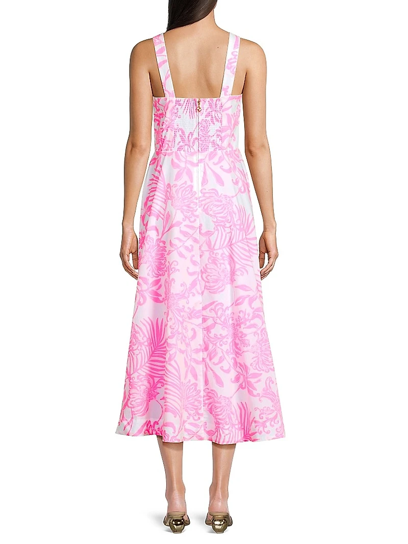 Palm Print Poplin Midi-Dress