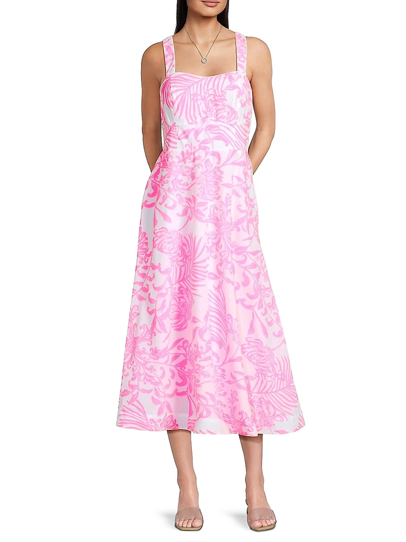 Palm Print Poplin Midi-Dress