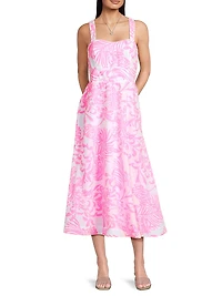 Palm Print Poplin Midi-Dress