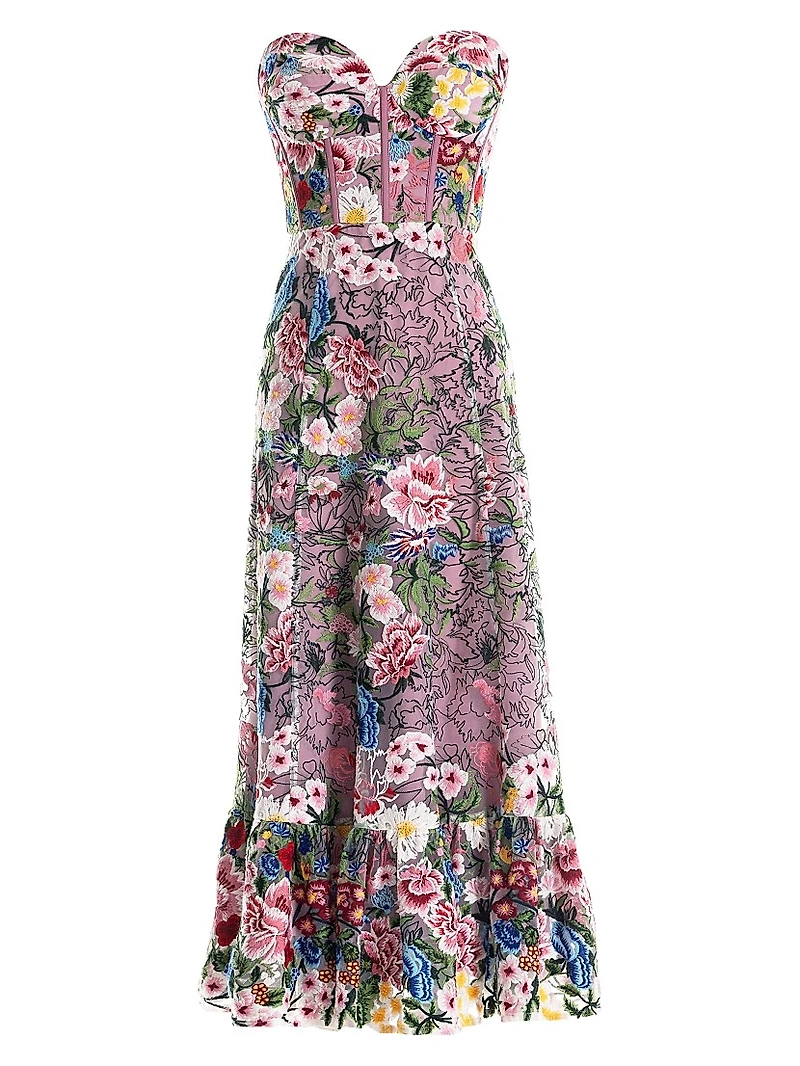 Carina Floral Embroidered Strapless Bustier Fit & Flare Dress
