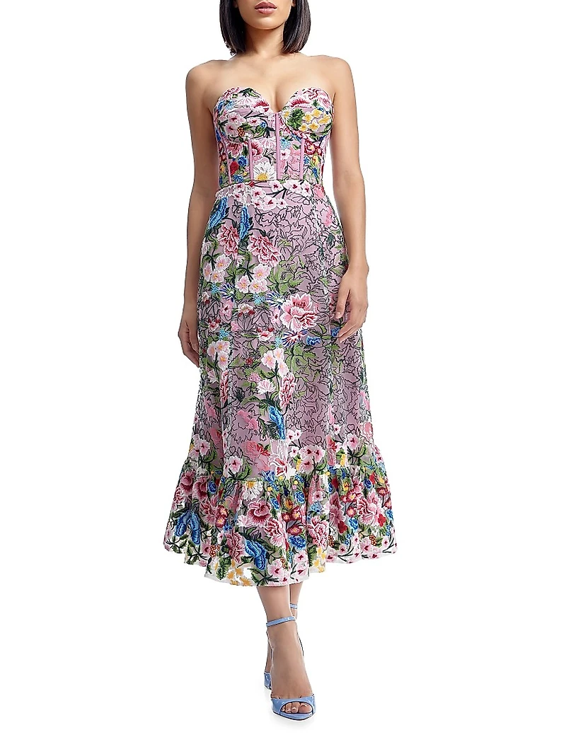 Carina Floral Embroidered Strapless Bustier Fit & Flare Dress