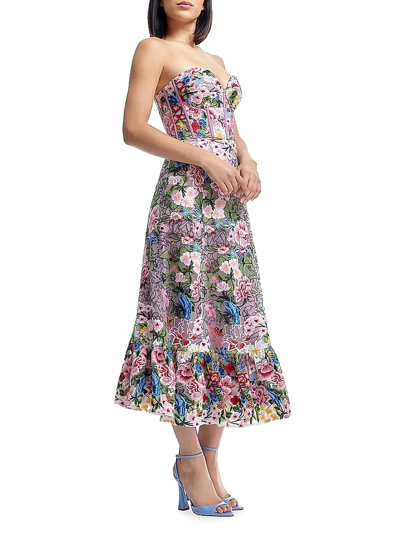 Carina Floral Embroidered Strapless Bustier Fit & Flare Dress