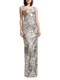 Goldie Floral Embroidered Sequin Sheath Gown