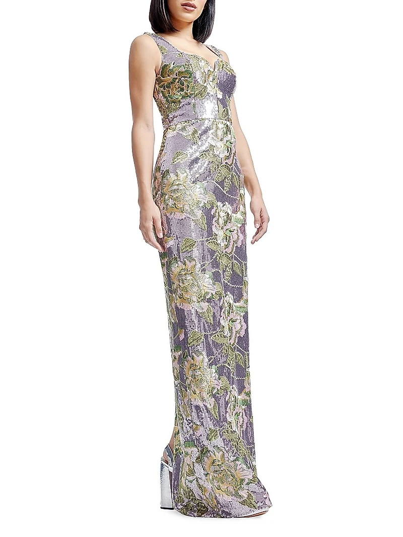 Goldie Floral Embroidered Sequin Sheath Gown
