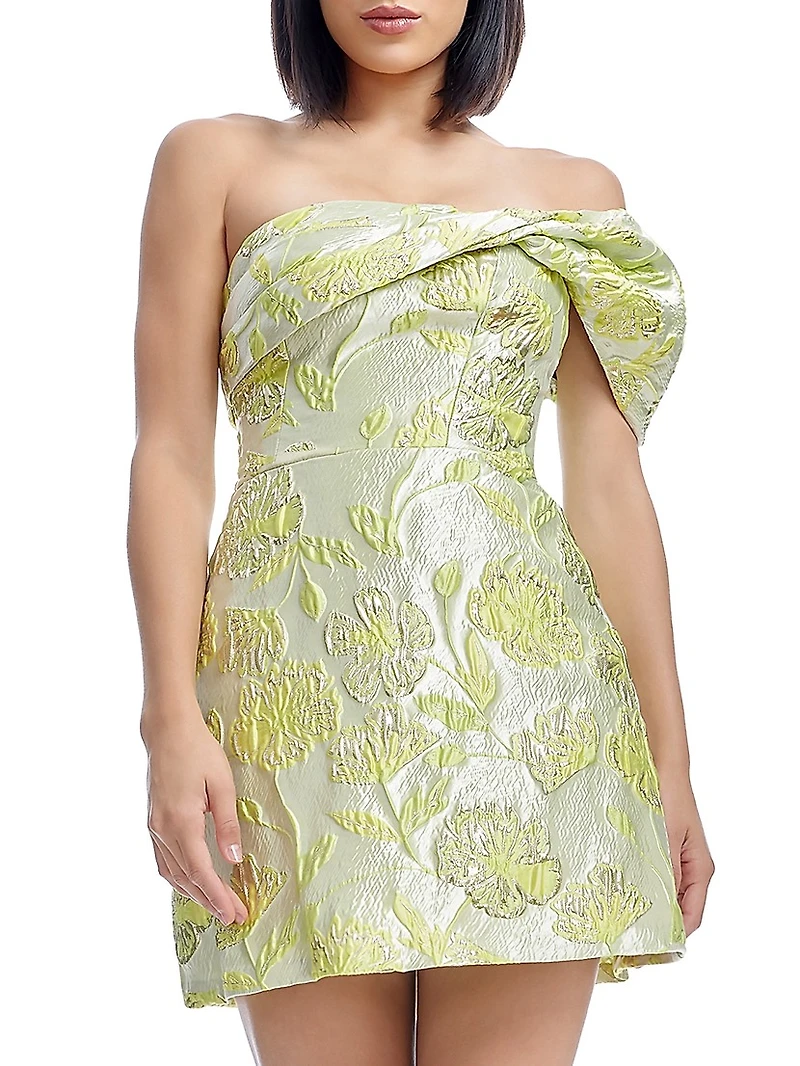 Olive Floral Jacquard Off-the-Shoulder One-Sleeve Minidress