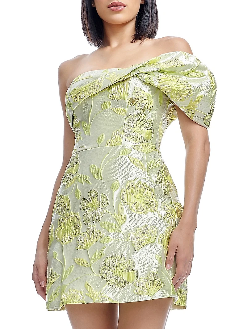 Olive Floral Jacquard Off-the-Shoulder One-Sleeve Minidress