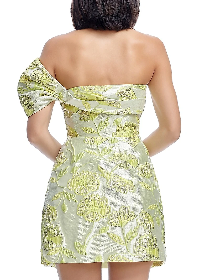 Olive Floral Jacquard Off-the-Shoulder One-Sleeve Minidress