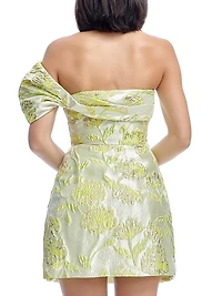 Olive Floral Jacquard Off-the-Shoulder One-Sleeve Minidress