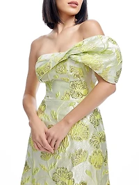 Olive Floral Jacquard Off-the-Shoulder One-Sleeve Minidress