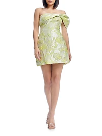 Olive Floral Jacquard Off-the-Shoulder One-Sleeve Minidress