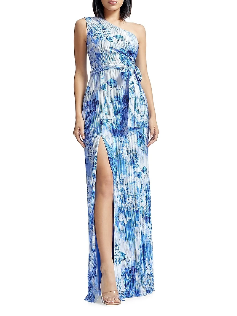 Bella Floral Plissé One-Shoulder Body-Con Maxi Dress