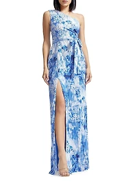 Bella Floral Plissé One-Shoulder Body-Con Maxi Dress