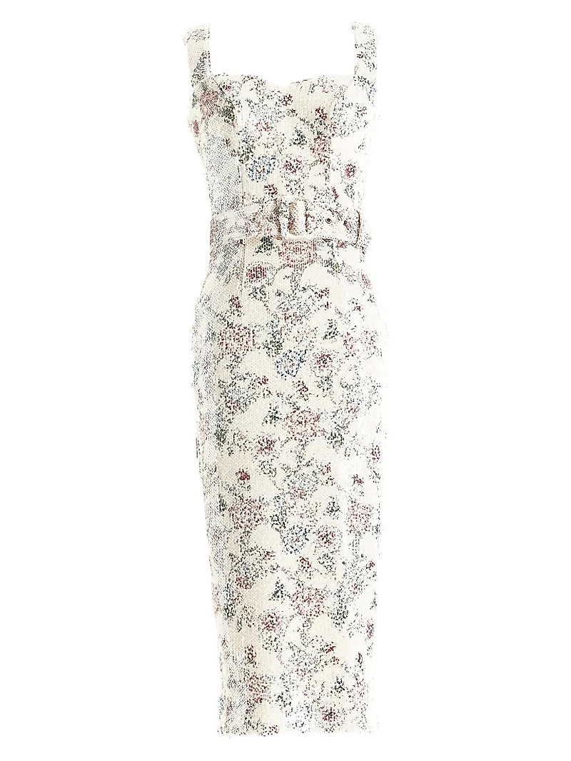 Nicole Belted Floral Sequin Midi-Dress