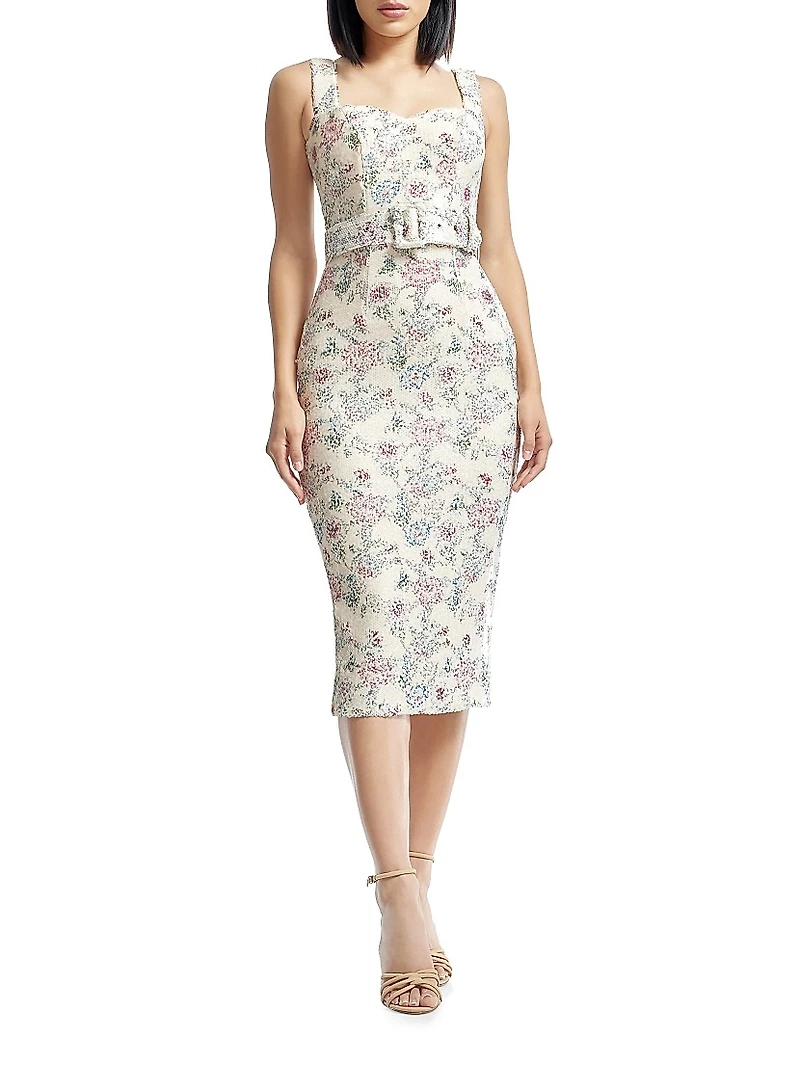 Nicole Belted Floral Sequin Midi-Dress