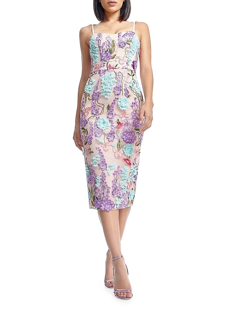 Blakely 3D Floral Sweetheart Body-Con Midi-Dress