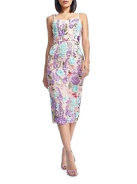 Blakely 3D Floral Sweetheart Body-Con Midi-Dress