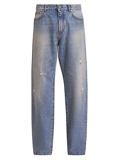 Distressed Denim Mid-Rise Straight-Leg Jeans