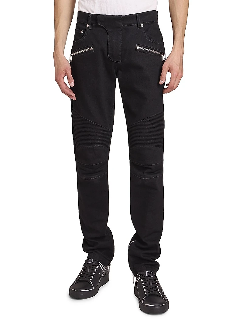 Denim Mid-Rise Straight-Leg Biker Pants