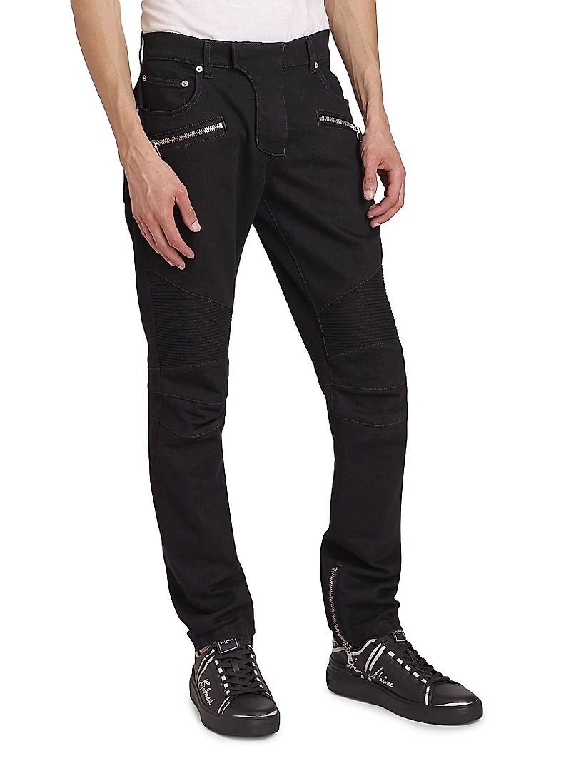 Denim Mid-Rise Straight-Leg Biker Pants