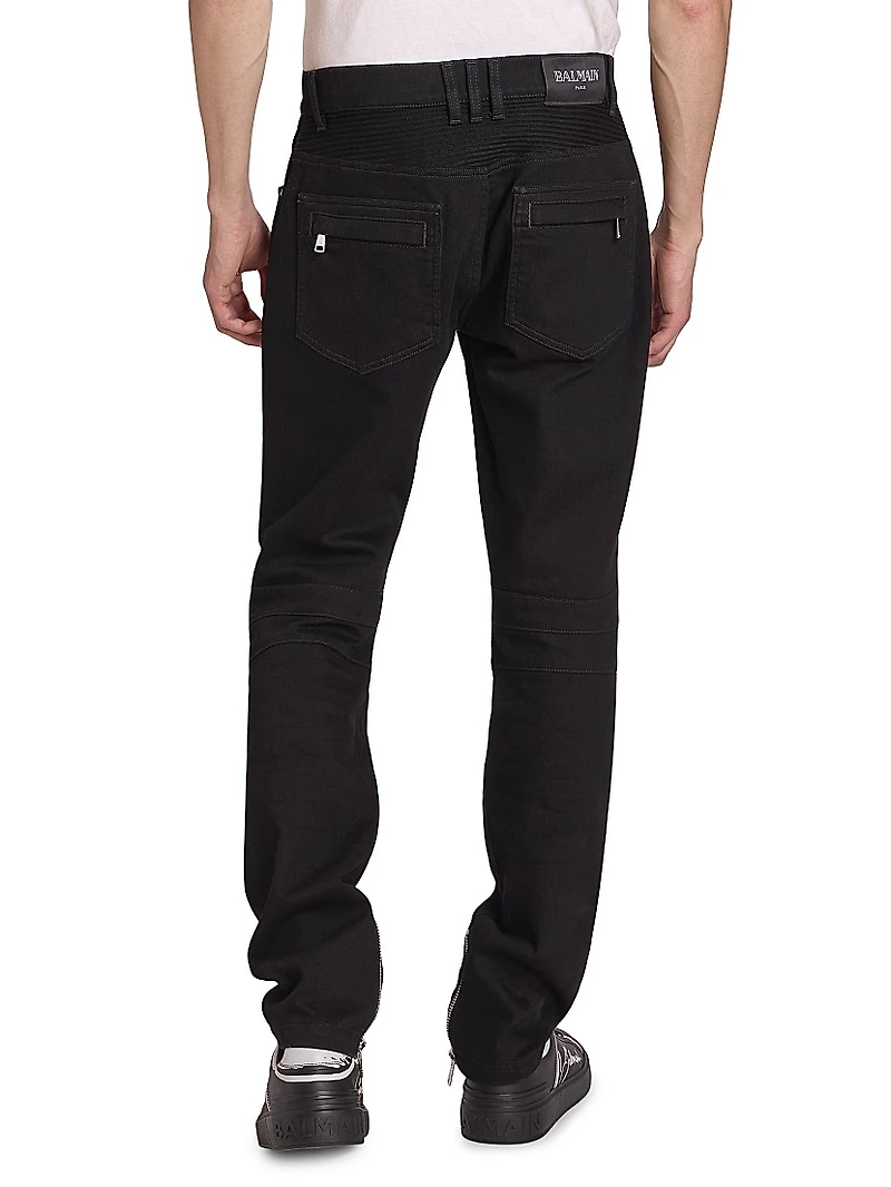 Denim Mid-Rise Straight-Leg Biker Pants