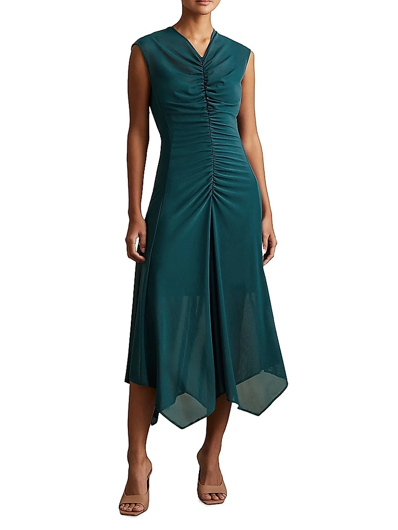 Lyra Ruched Mesh Midi-Dress
