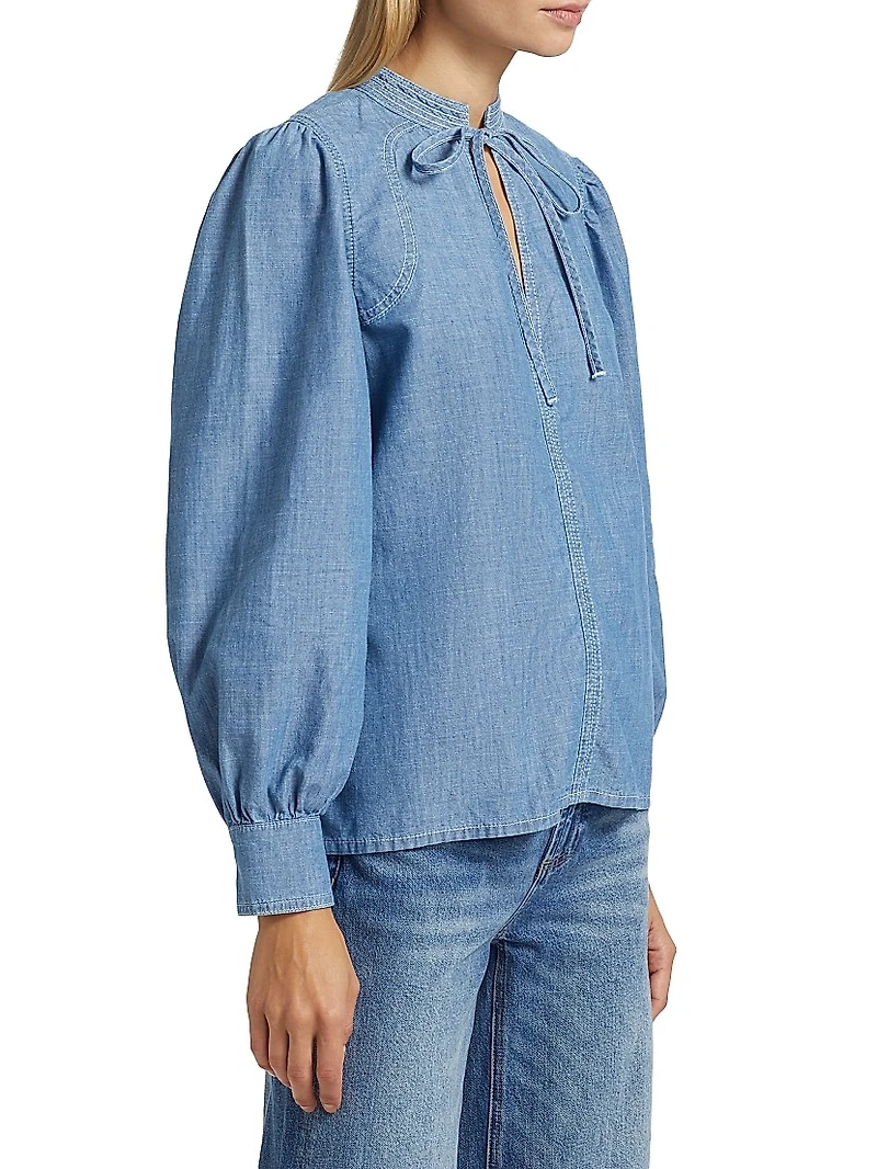 Kuka Cotton Chambray Tieneck Blouse
