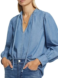 Kuka Cotton Chambray Tieneck Blouse