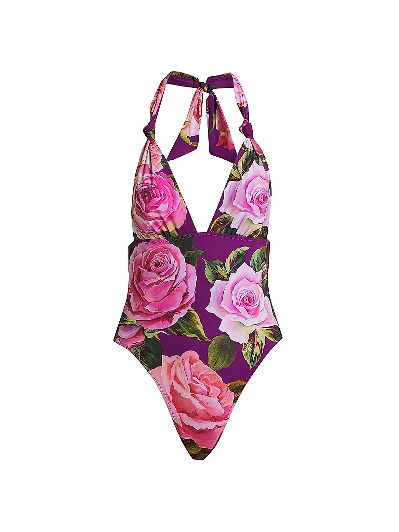 Floral Deep V-Neck One-Piece Swimsuit