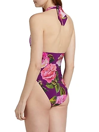 Floral Deep V-Neck One-Piece Swimsuit