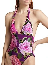 Floral Deep V-Neck One-Piece Swimsuit
