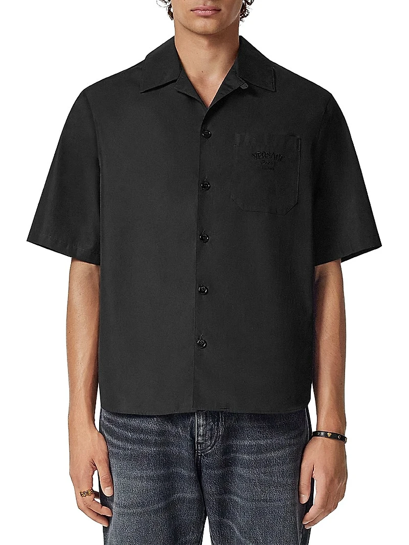 Medusa Chain Print & Stamp Embroidery Silk & Cotton Shirt