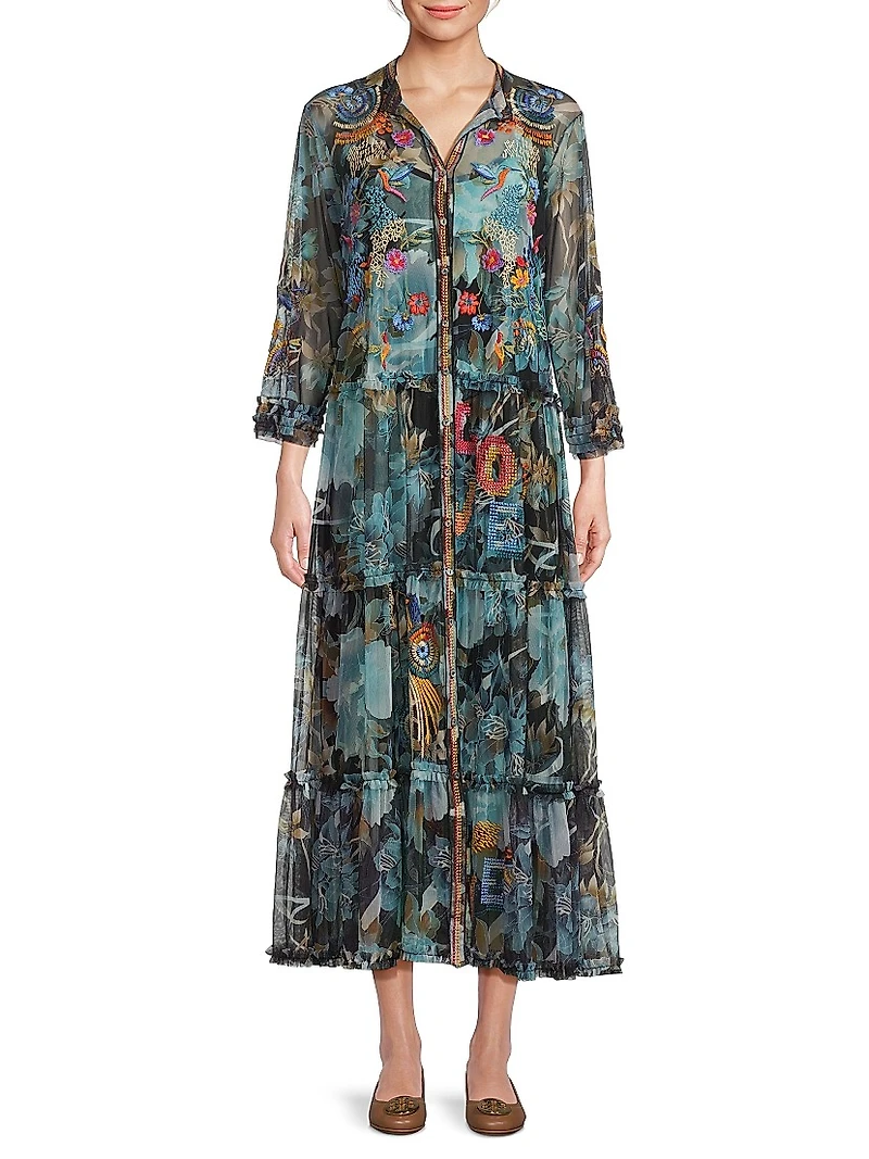 Mazzy Floral-Embroidered Ruffled Maxi-Dress
