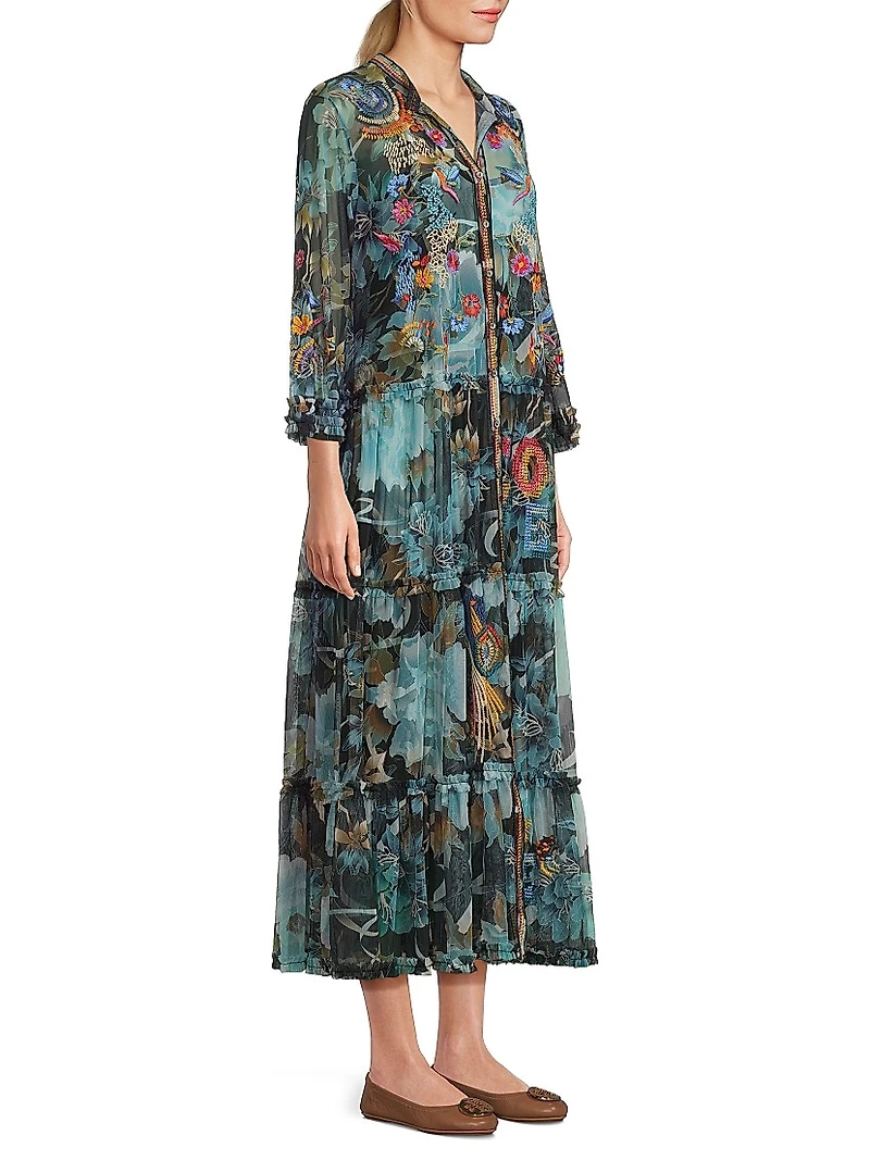 Mazzy Floral-Embroidered Ruffled Maxi-Dress